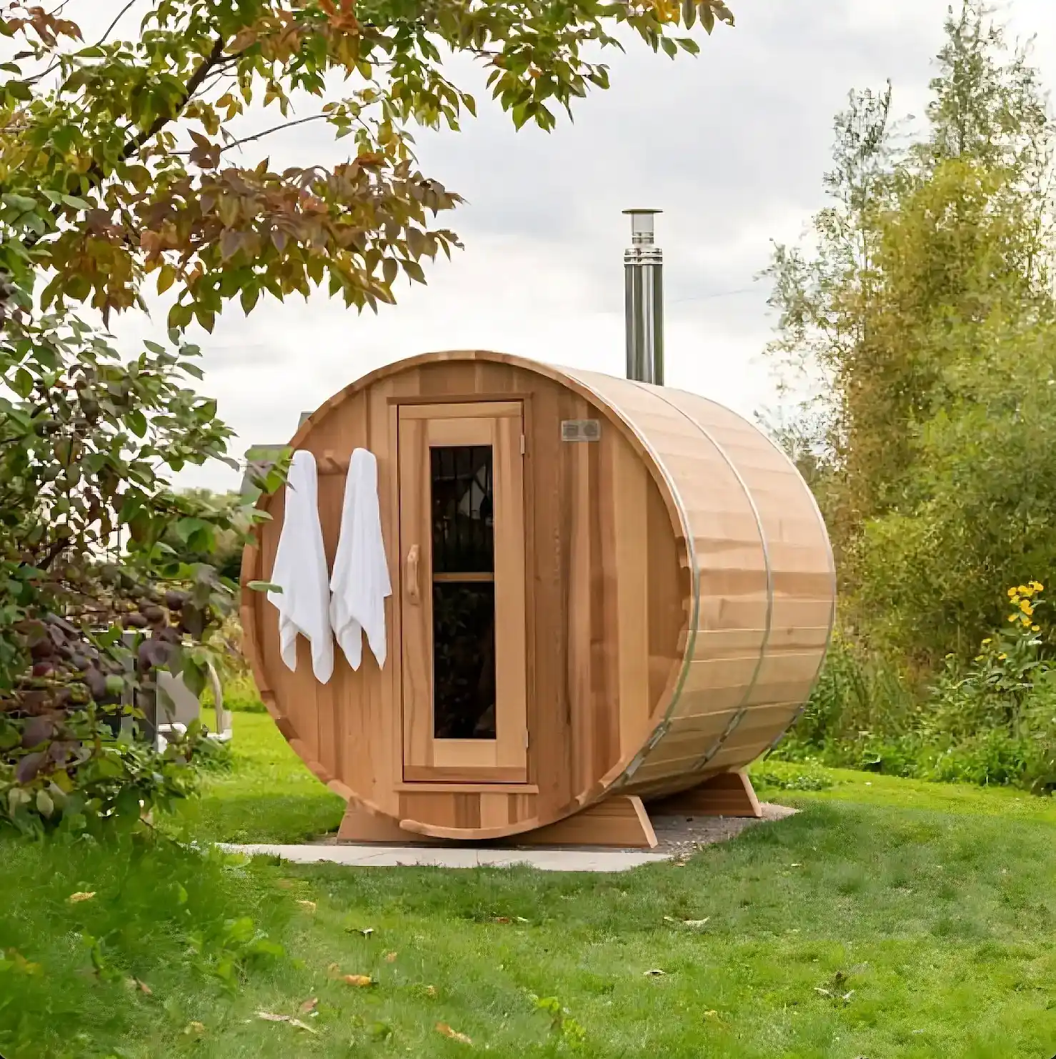 Cedar barrel sauna outdoors