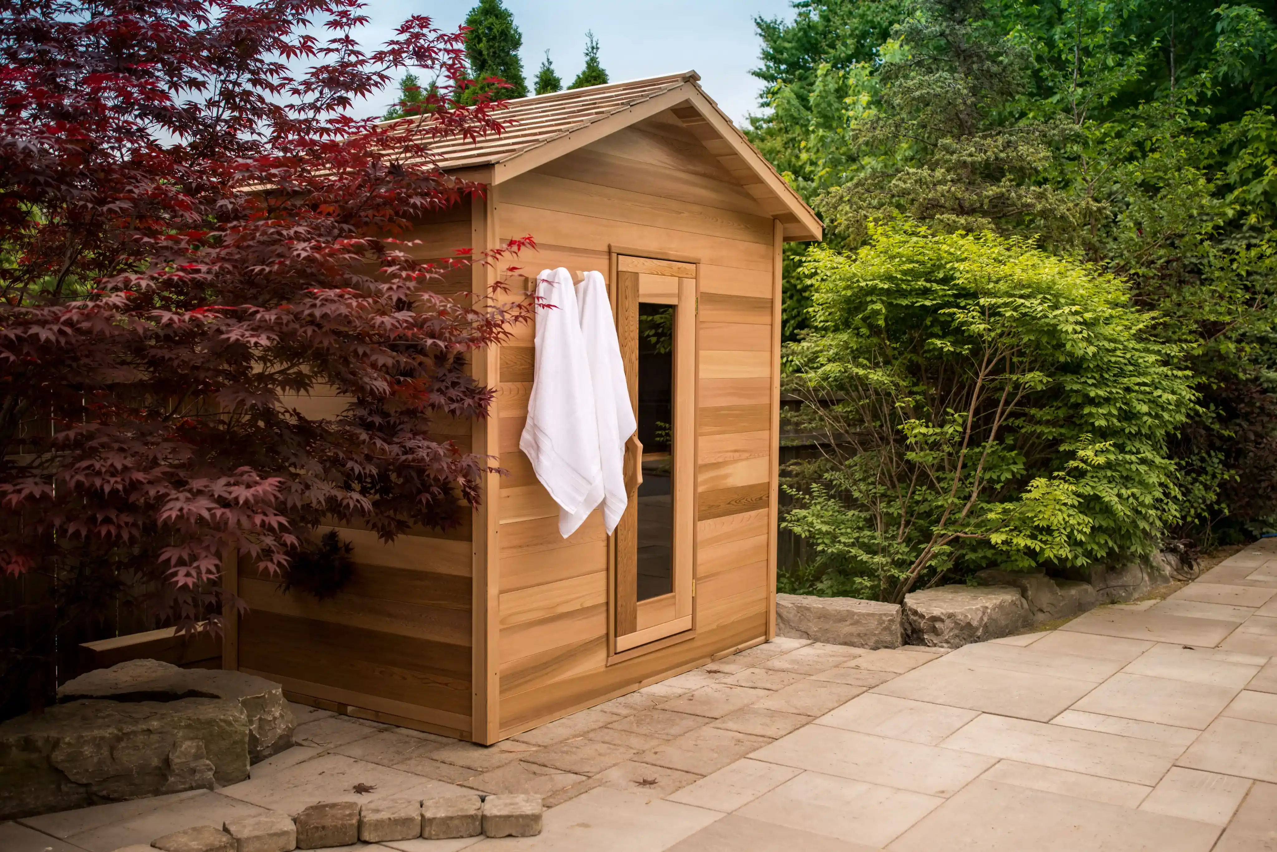 Cedar cabin sauna in the backyard