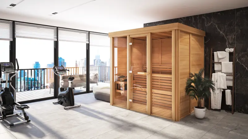 Modern cube sauna in a backyard wellness space