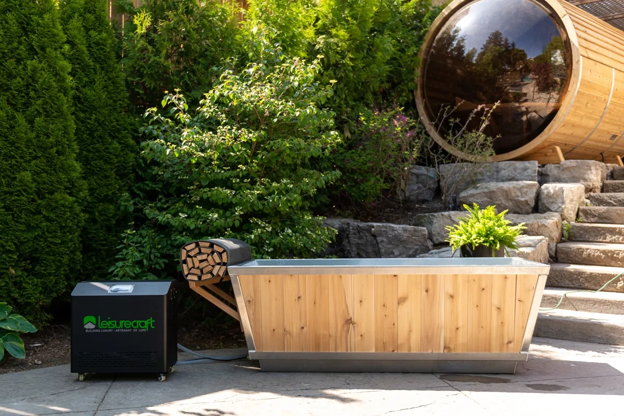 Sauna and cold plunge contrast therapy backyard setup